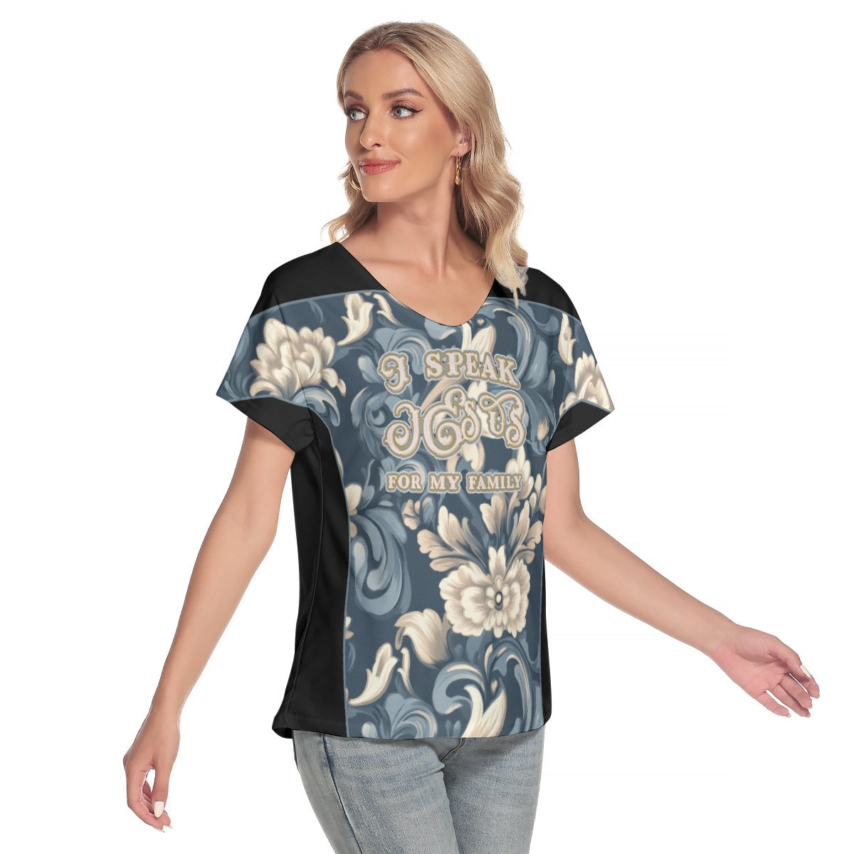 Women's Loose V-Neck Short Sleeve T-Shirt - "I Speak Jesus for my Family"