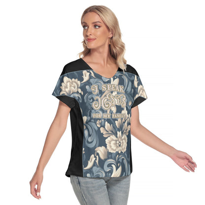 Women's Loose V-Neck Short Sleeve T-Shirt - "I Speak Jesus for my Family"