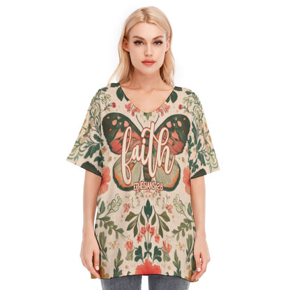 Faith Ephesians 2:8 Butterfly Floral Women's Bat Sleeve Blouse | 190GSM Cotton