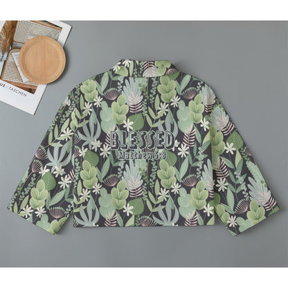 "Blessed Matthew 5:8" Green & Black Floral Print Women's Cropped Jacket | 245GSM Cotton