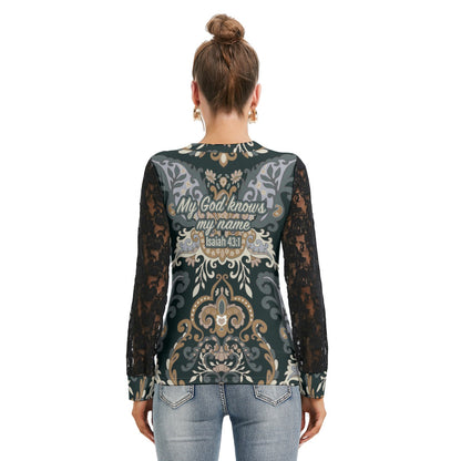 Women's Black Lace Trim T-shirt with Lantern Sleeve "My God knows my name"