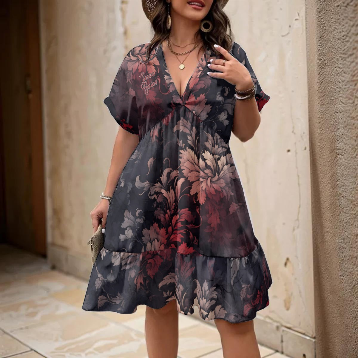 "Jesus Saves" Red Black Gray Floral Women’s Floral V-Neck Short Sleeve Dress