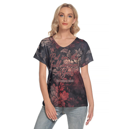 "Put on the full armor of God" Red & Gray Floral Women's Loose V-neck Short Sleeve T-shirt