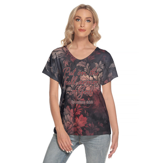 "Put on the full armor of God" Red & Gray Floral Women's Loose V-neck Short Sleeve T-shirt