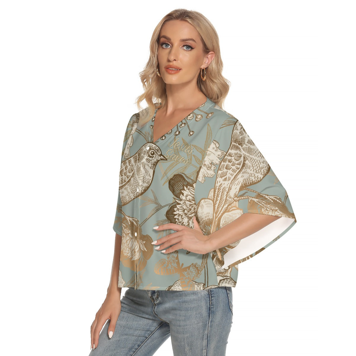 "Jesus Saves" Floral Bird Print Women's Bat Sleeve V-neck Buttoned Top