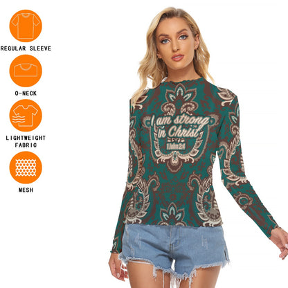 Green Paisley Print Women's Mesh T-shirt "I am strong in Christ"