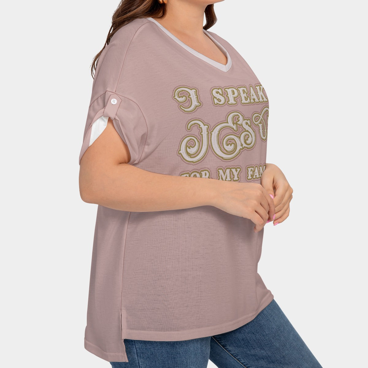 Women's Drop-Shoulder Short Sleeve T-shirt with Sleeve Loops - Plus Size "I Speak Jesus for my Family"