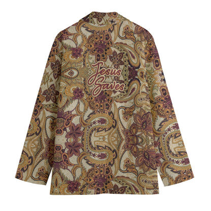 "Jesus Saves" Gold & Red Abstract Print Women's Leisure Blazer