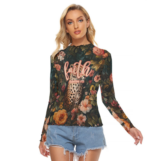 Leopard Floral Print Women's Mesh T-shirt Long Sleeve "Faith Hebrews 11:1"