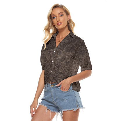 "Ride For Christ" Chocolate Tooled Leather Print  Women's V-neck Shirts