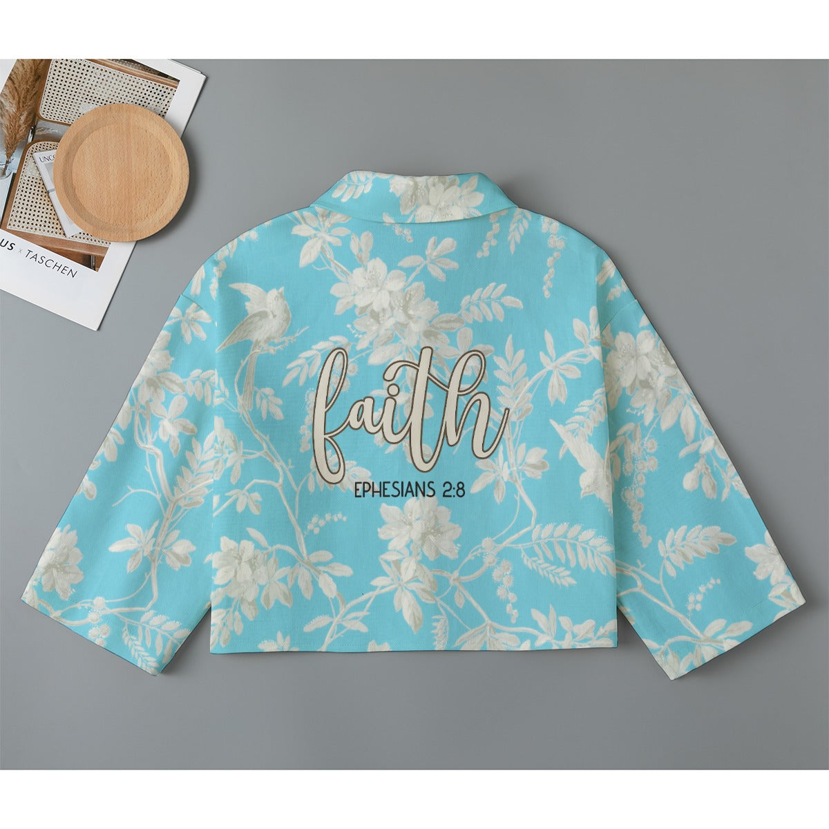Blue Floral Print Women's Cropped Jacket | 245GSM Cotton "Faith Ephesians 2:8"