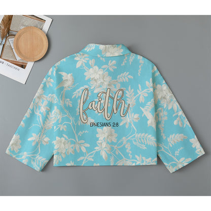 Blue Floral Print Women's Cropped Jacket | 245GSM Cotton "Faith Ephesians 2:8"