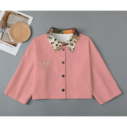 Pink Leopard Lapel Print Women's Cropped Jacket | 245GSM Cotton "Faith Hebrews 11:1"