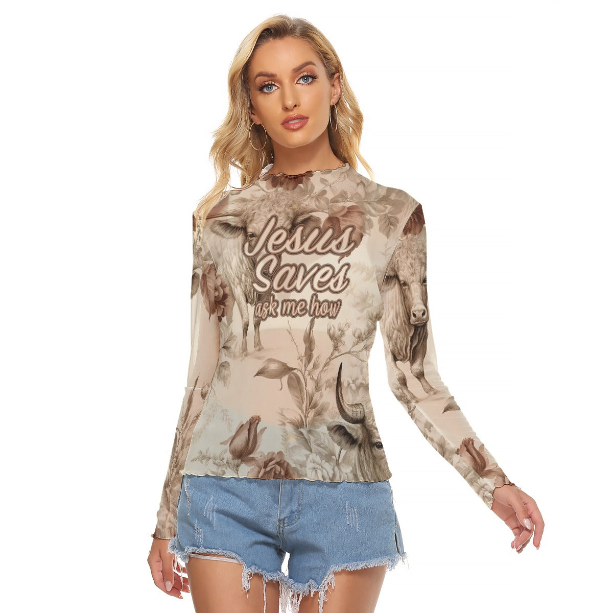 "Jesus Saves ask me how" Women's Mesh T-shirt - Breathable Long Sleeve Shirts with Unique Neckline Design
