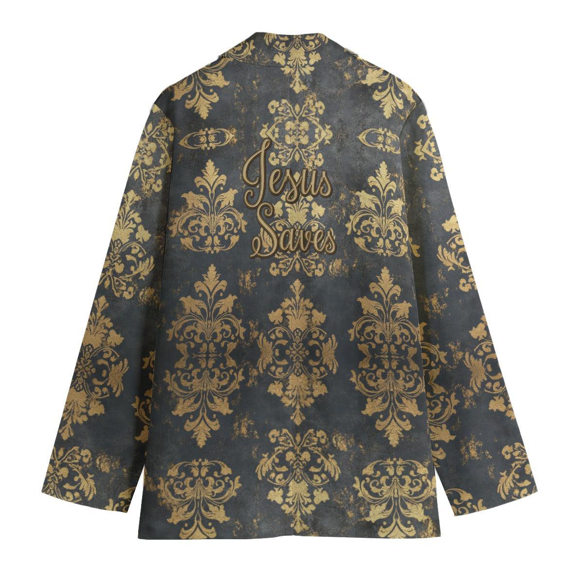 "Jesus saves" Faux Vintage Gold Damask Print Women's Leisure Blazer