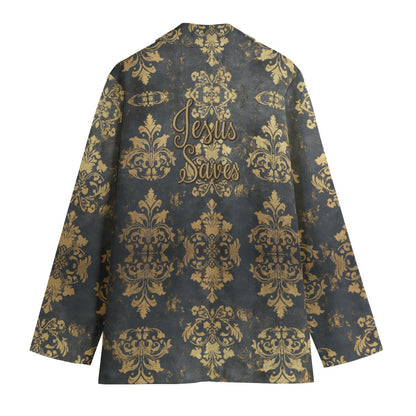 "Jesus saves" Faux Vintage Gold Damask Print Women's Leisure Blazer