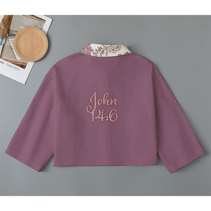 "John 14:6" Purple with Floral Collar Women's Cropped Jacket | 245GSM Cotton