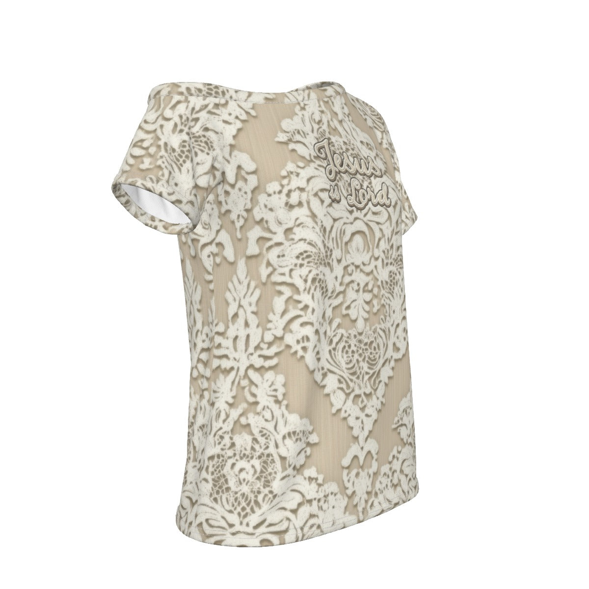 "Jesus is Lord" Faux Ivory Lace  Women's Off-Shoulder T-shirt