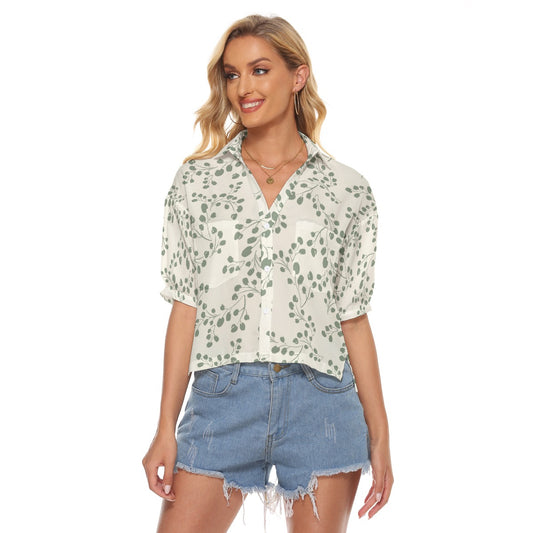 Green & White Floral Print Loose V-Neck Women's Shirt with Side Slits and Pockets