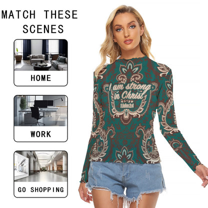 Green Paisley Print Women's Mesh T-shirt "I am strong in Christ"