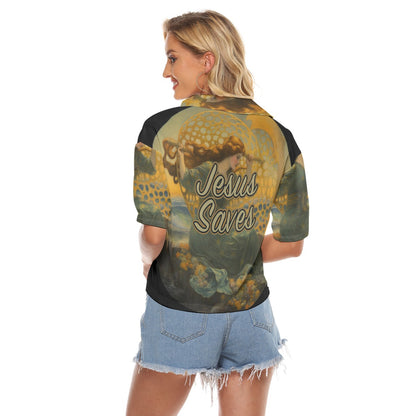 "Jesus Saves" Women's Fashionable V-neck Loose Fit Polyester Shirts with Side Slits and Double Pockets