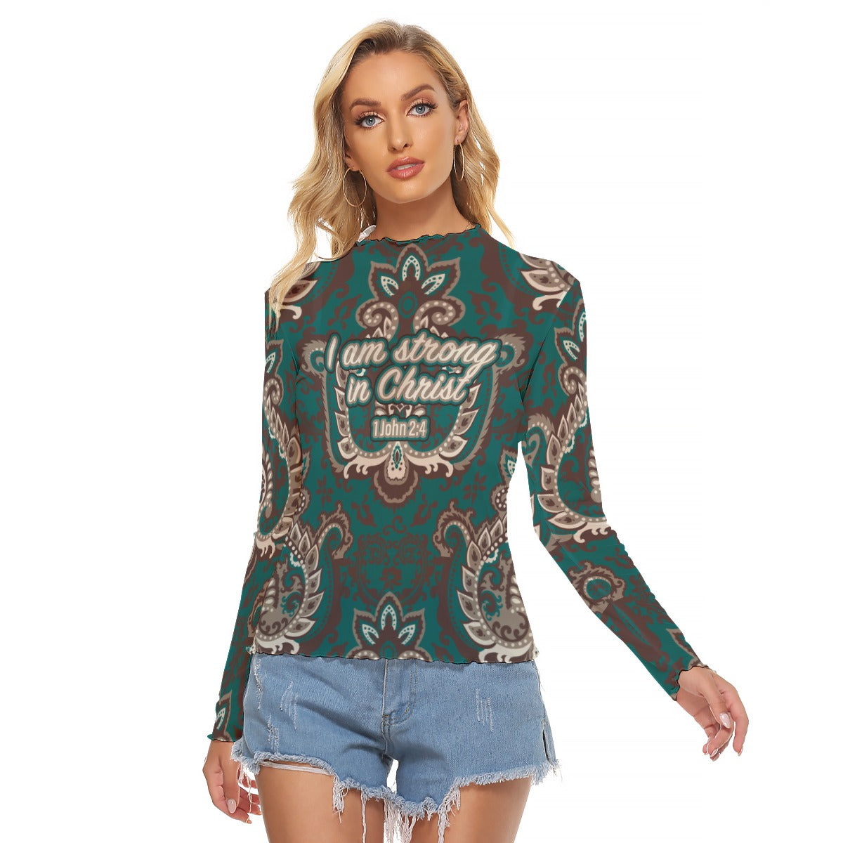Green Paisley Print Women's Mesh T-shirt "I am strong in Christ"
