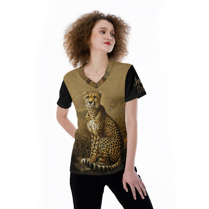 "Jesus Saves" Leopard with Black Sleeves V-neck Women's T-shirt