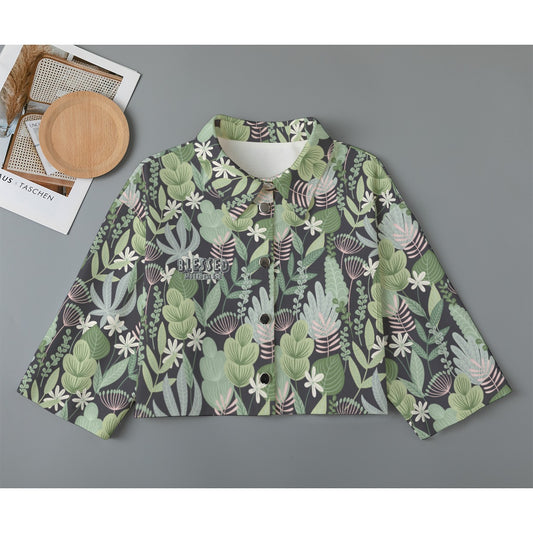 "Blessed Matthew 5:8" Green & Black Floral Print Women's Cropped Jacket | 245GSM Cotton