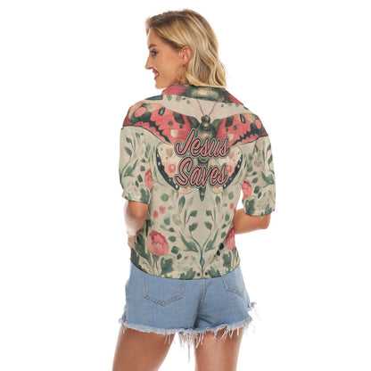 "Jesus Saves" Butterfly Floral Women's Fashionable V-neck Polyester Shirt with Side Slits and Double Pockets