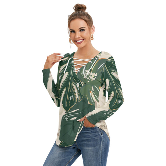 "Jesus is Lord" Green Monstera Floral Women's Long Sleeve Neckline Tie Sweatshirt