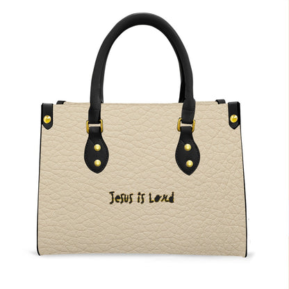 "Jesus is Lord" Faux Cream Leather Women's Tote Bag With Black Handle