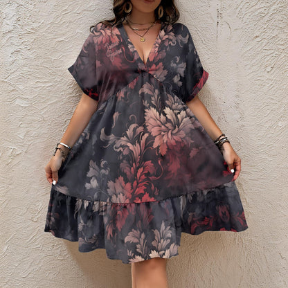 "Jesus Saves" Red Black Gray Floral Women’s Floral V-Neck Short Sleeve Dress