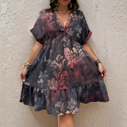 "Jesus Saves" Red Black Gray Floral Women’s Floral V-Neck Short Sleeve Dress