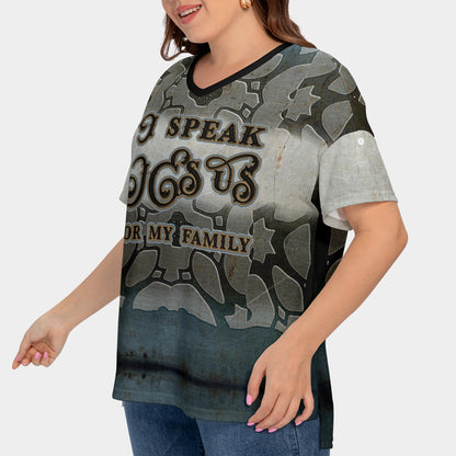 Women's Drop-shoulder Short Sleeve T-shirt With Sleeve Loops(Plus Size) "I Speak Jesus for my Family"