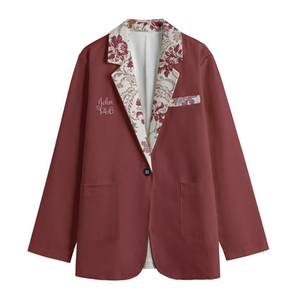 "John 14:6" Women's Red & White Floral Lapel Polyester Leisure Blazer