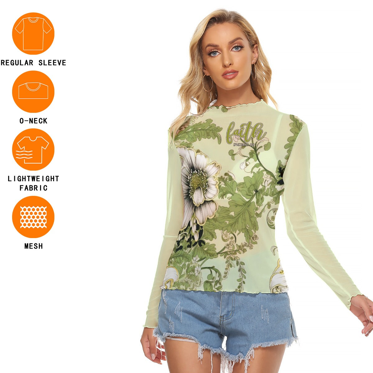 Lime Green Floral Print Women's Mesh T-shirt "Faith Ephesians 2:8"