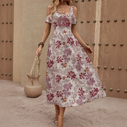 "John 14:6" Red & White Floral Off-Shoulder V-Neck Maxi Dress