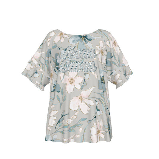 "Jesus Saves" Blue & White Floral Women's Comfortable Round Neck Raglan Sleeve T-shirt, Soft Jersey Fabric