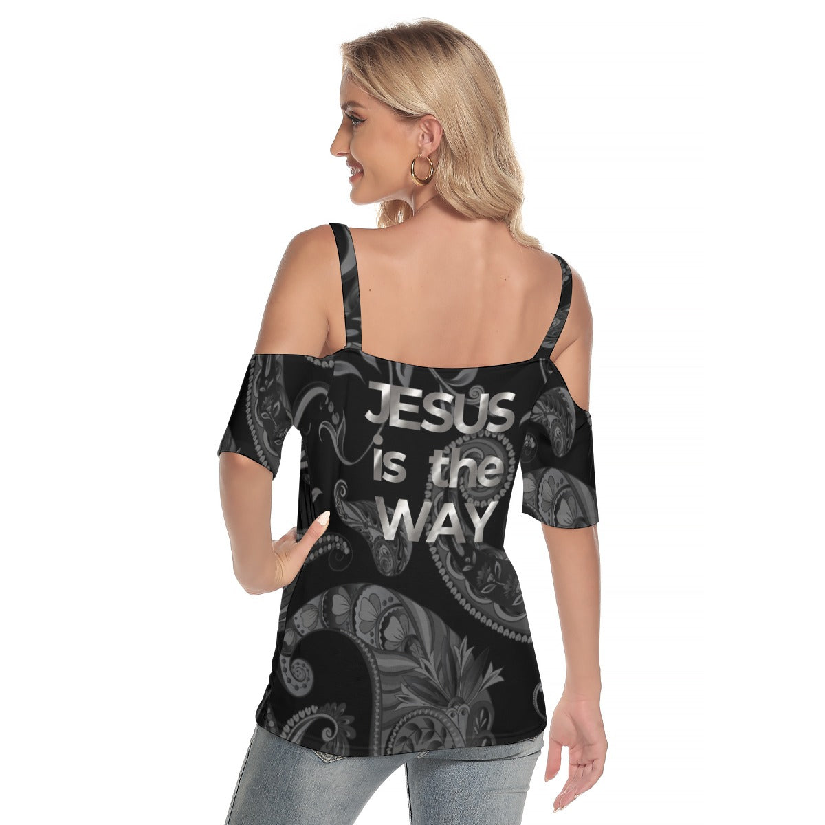 "Jesus Saves ask me how" Women's Cold Shoulder Criss Cross Strips T-shirt, Jersey Fabric, Casual Daily Wear