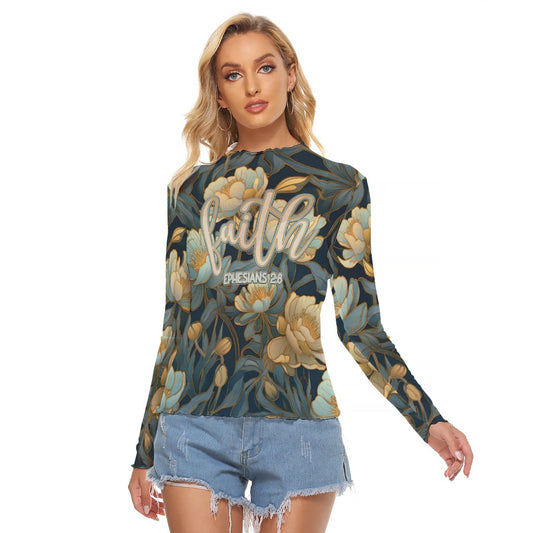 "Faith Ephesians 2:8" Blue Floral  Women's Mesh T-shirt