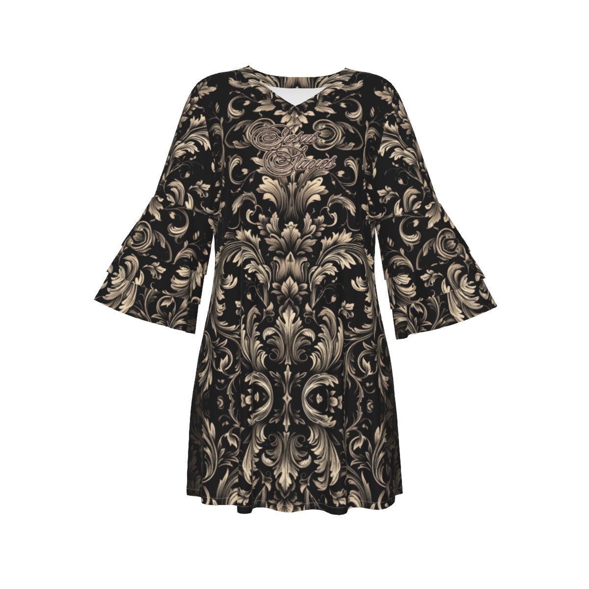 "Jesus Saves" Black & Gold Damask Women's Stacked Ruffle Sleeve Dress