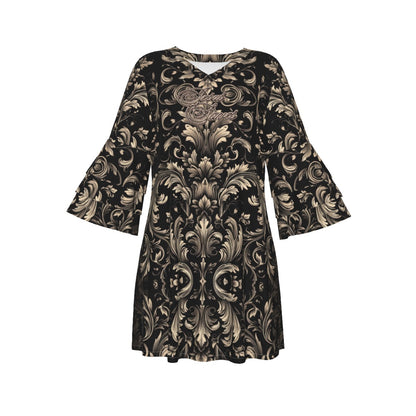 "Jesus Saves" Black & Gold Damask Women's Stacked Ruffle Sleeve Dress