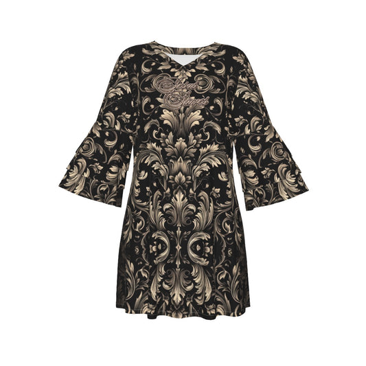 "Jesus Saves" Black & Gold Damask Women's Stacked Ruffle Sleeve Dress
