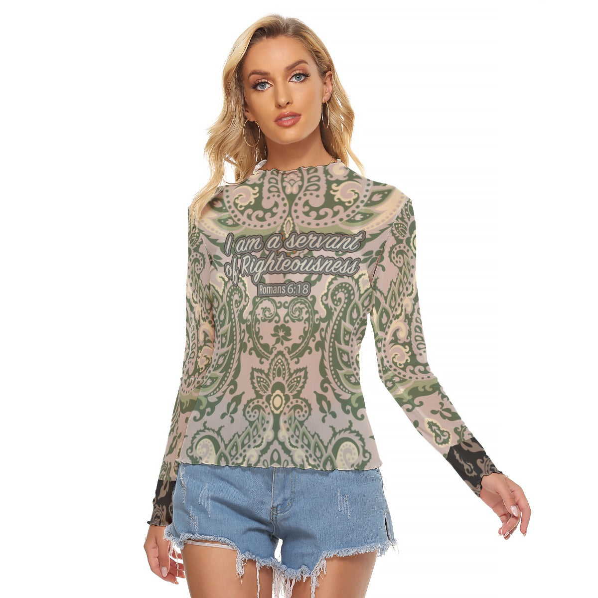 Paisley Print Women's Mesh T-shirt "I am a servant of Righteousness"