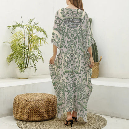 Green & Beige Paisley Women's Imitation Silk V-neck Kaftan Robe "I am a servant of Righteousness"