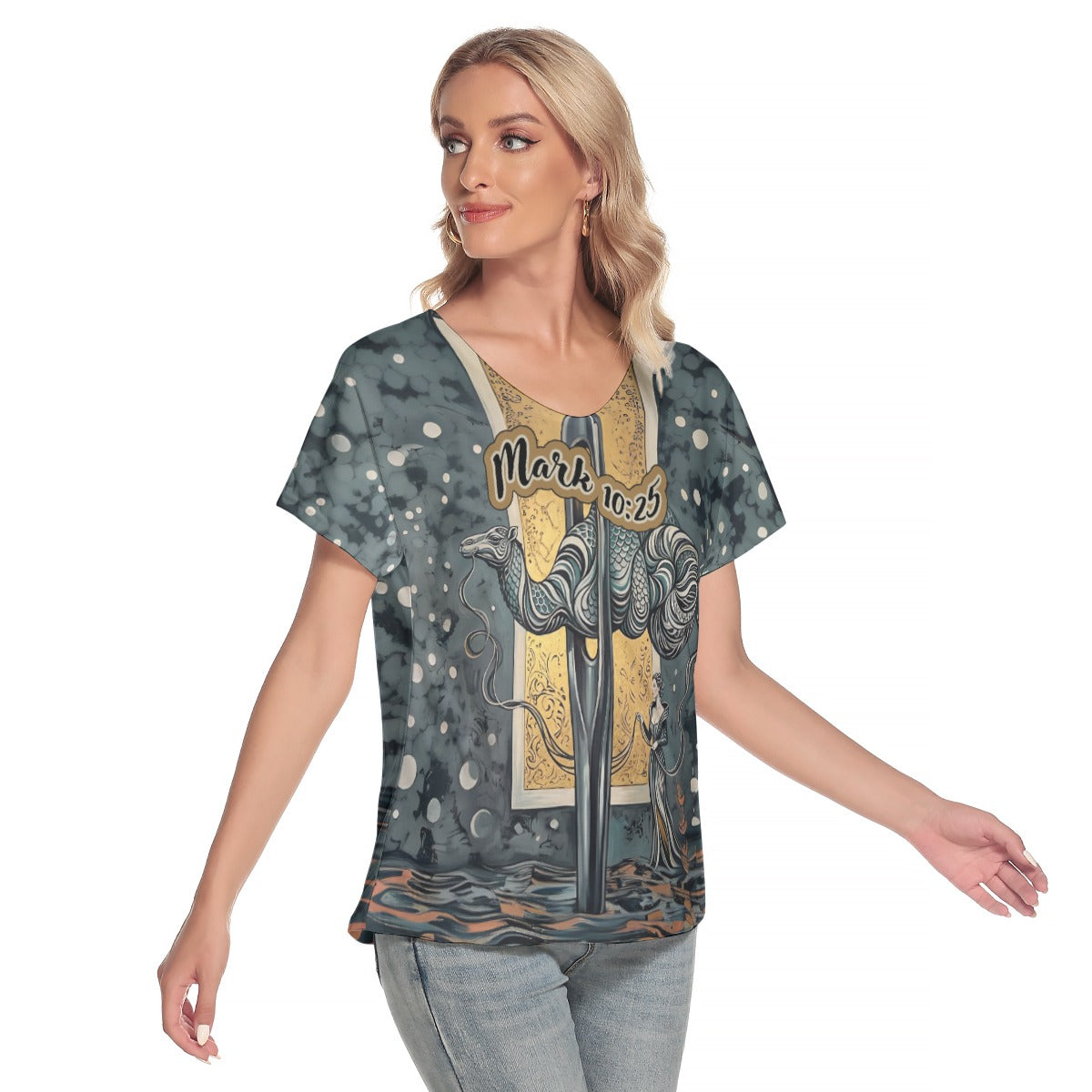 "Mark 10:25" Graphic Camel & Needle Design Women's Loose V-neck Short Sleeve T-shirt