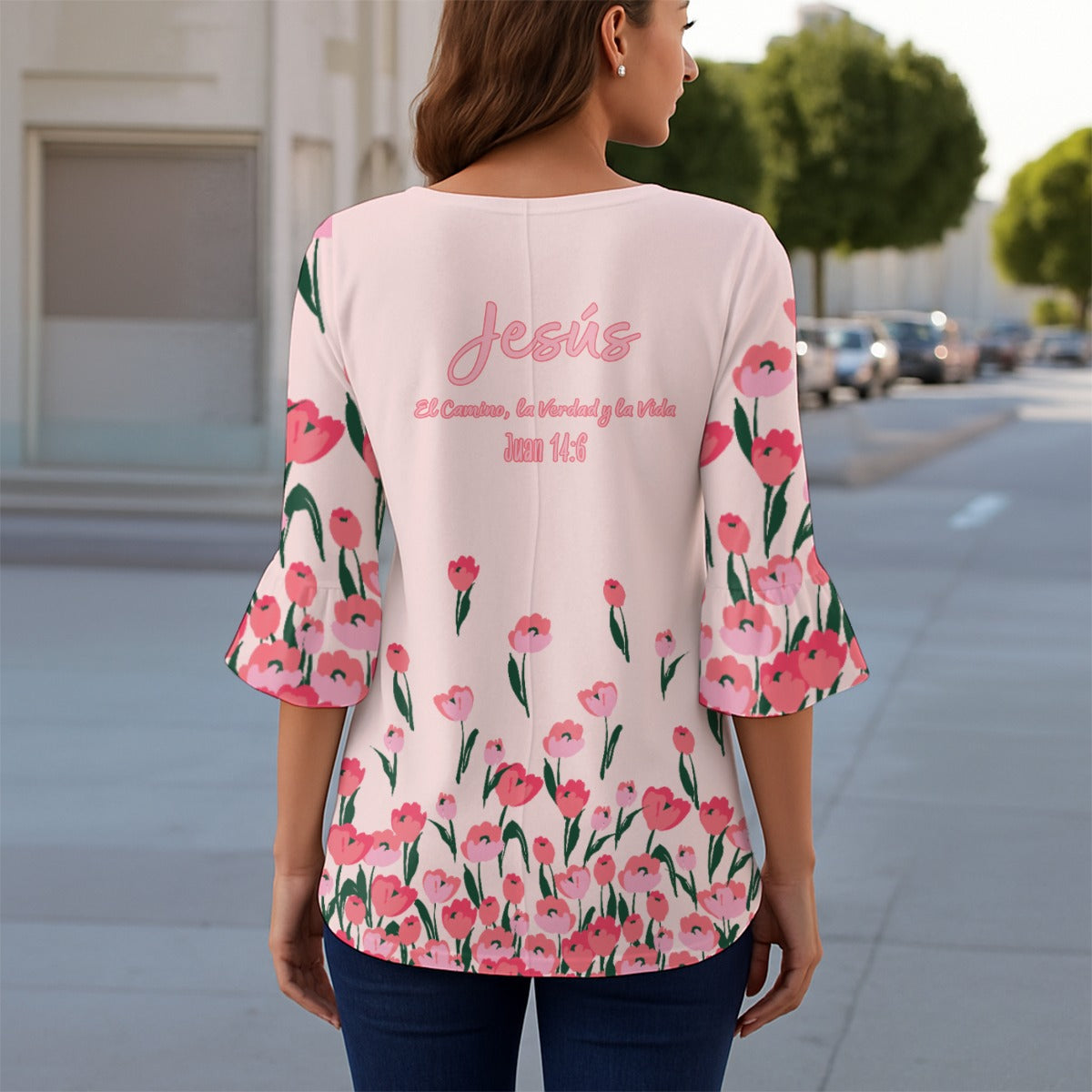 Camiseta para mujer con estampado de tulipán rosa "Juan 14:6" y manga 3/4
