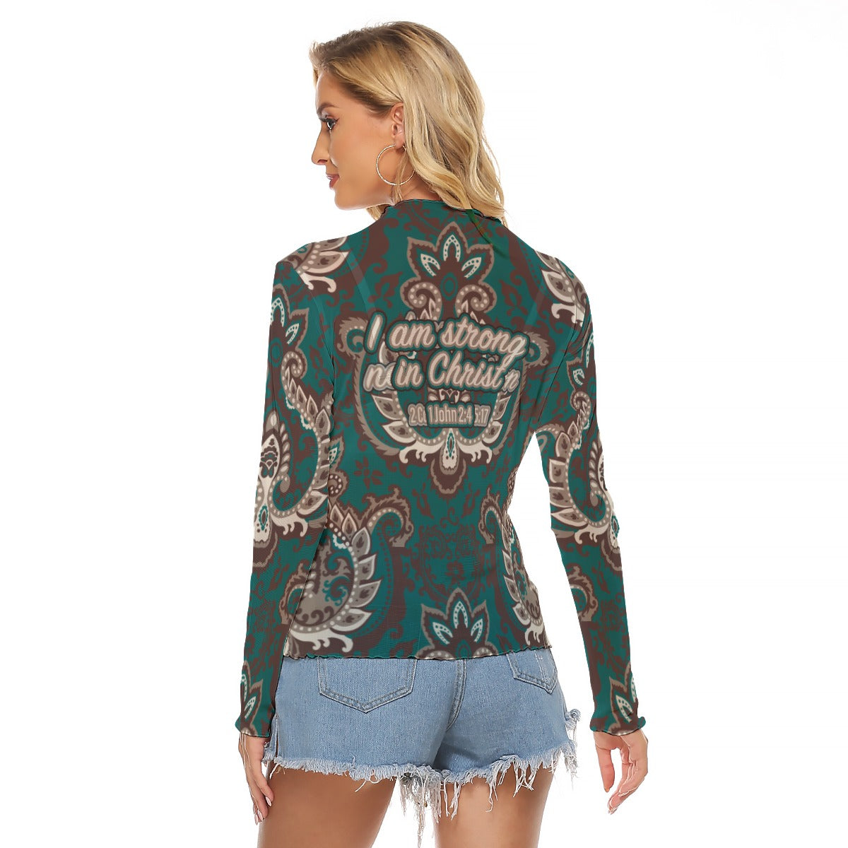 Green Paisley Print Women's Mesh T-shirt "I am strong in Christ"