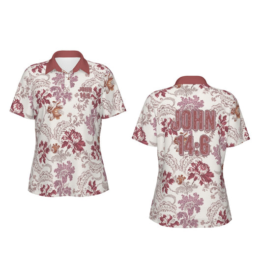 "John 14:6" Red & White Floral Print Women's Sports Polo Shirt with Stretch Fabric