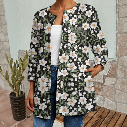 "Blessed Matthew 5:4" Green & White Floral Print Women's Faux Sweater Cardigan
